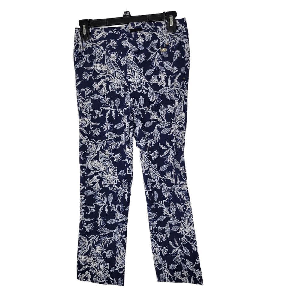 Rafaella Comfort Size 6 Navy Blue White Floral Print Stretchy Pull On Crop Pants